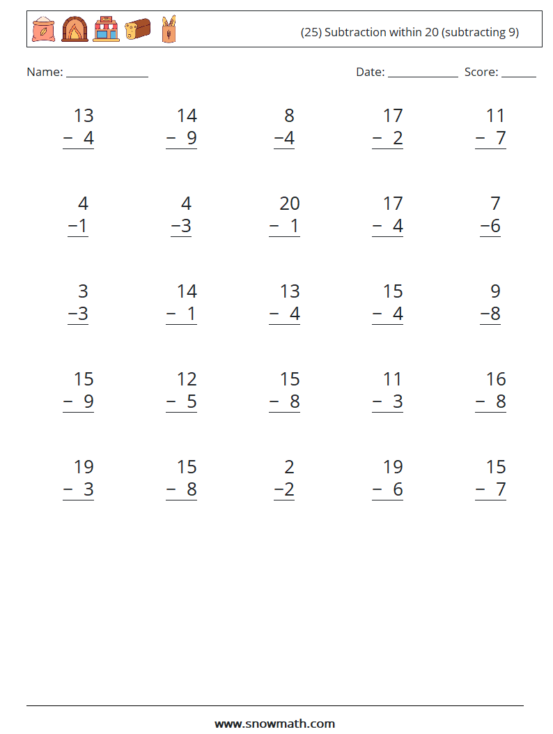 (25) Subtraction within 20 (subtracting 9) Math Worksheets 13