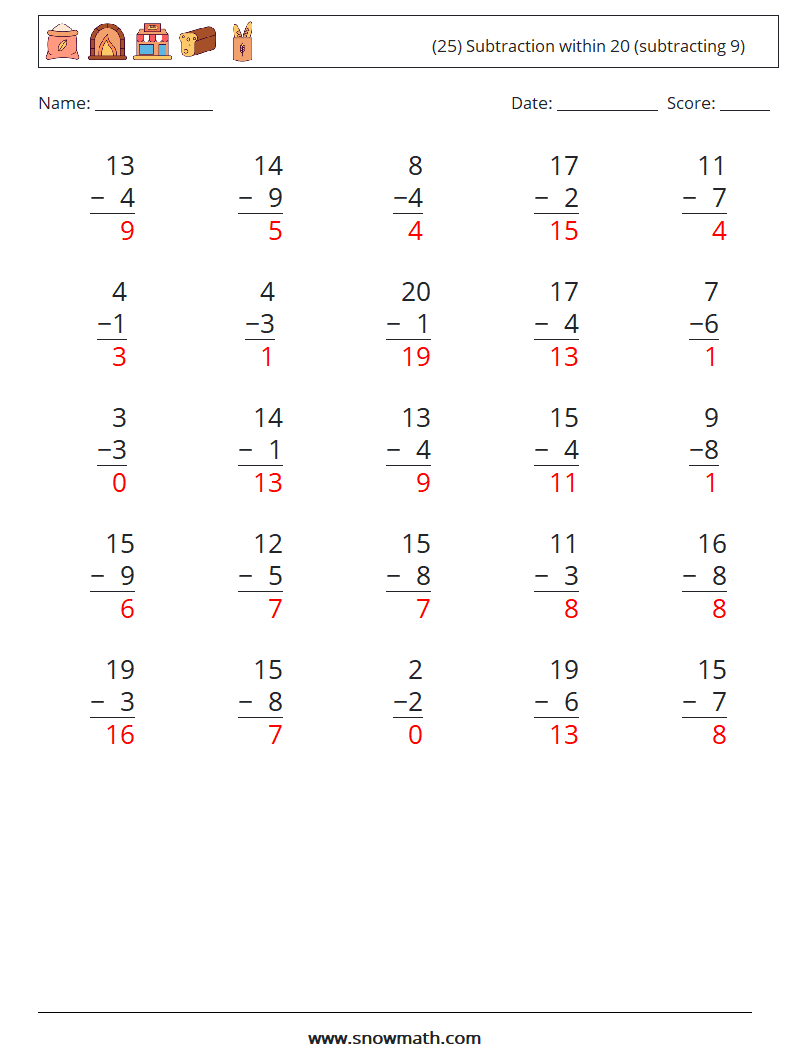 (25) Subtraction within 20 (subtracting 9) Math Worksheets 13 Question, Answer