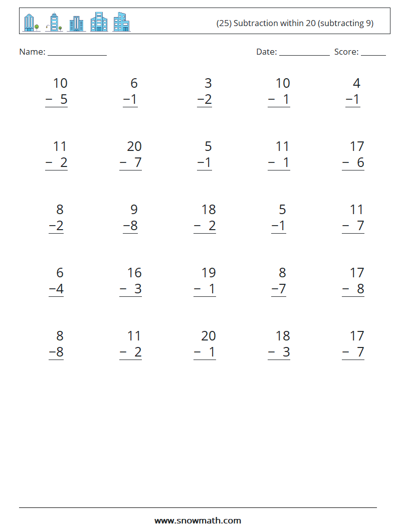 (25) Subtraction within 20 (subtracting 9) Math Worksheets 14