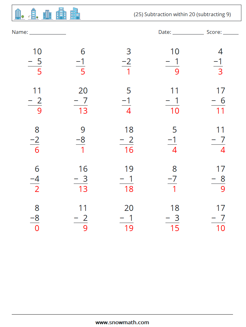 (25) Subtraction within 20 (subtracting 9) Math Worksheets 14 Question, Answer