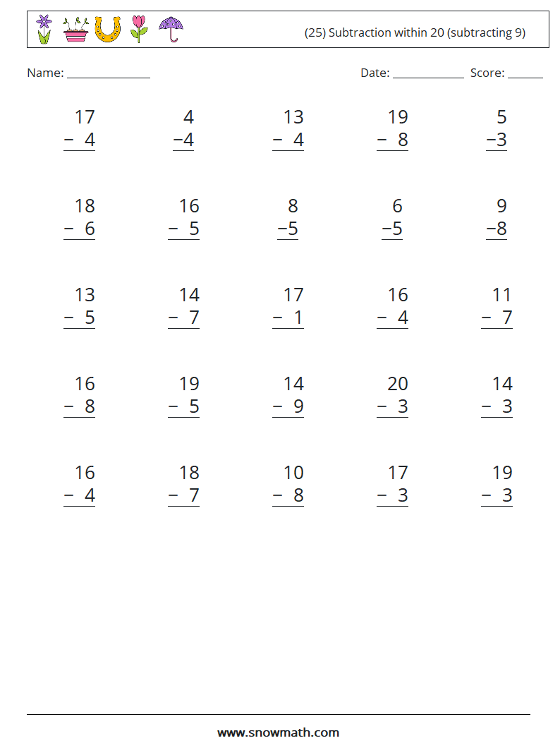 (25) Subtraction within 20 (subtracting 9) Math Worksheets 15