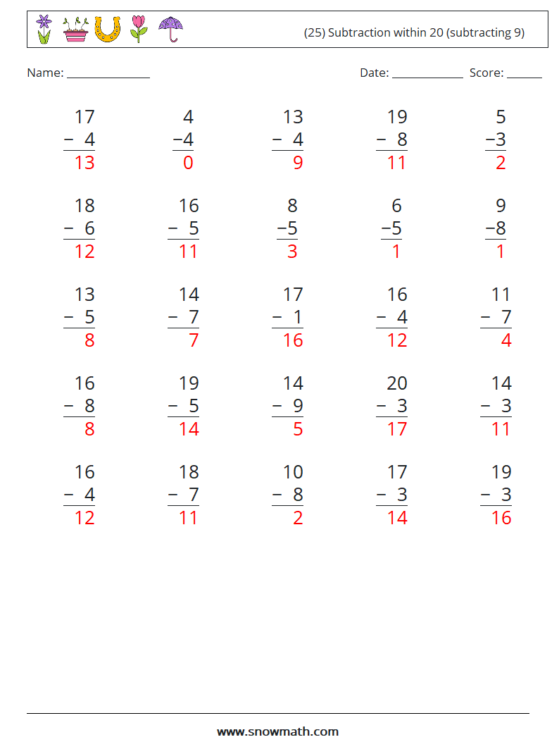 (25) Subtraction within 20 (subtracting 9) Math Worksheets 15 Question, Answer