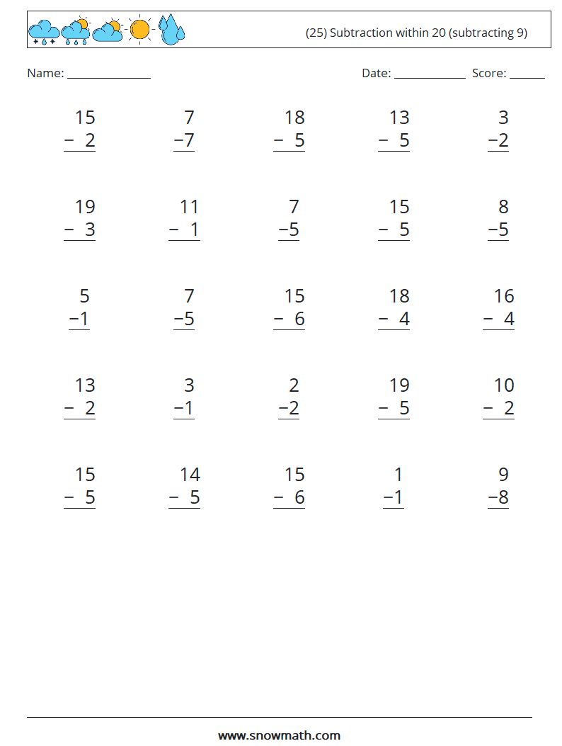 (25) Subtraction within 20 (subtracting 9) Maths Worksheets 16