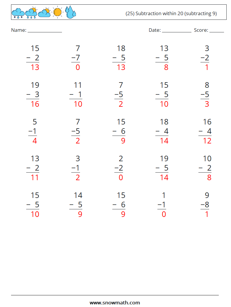 (25) Subtraction within 20 (subtracting 9) Math Worksheets 16 Question, Answer