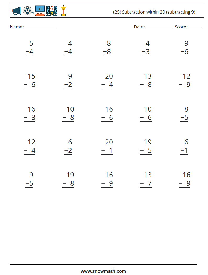 (25) Subtraction within 20 (subtracting 9) Math Worksheets 17
