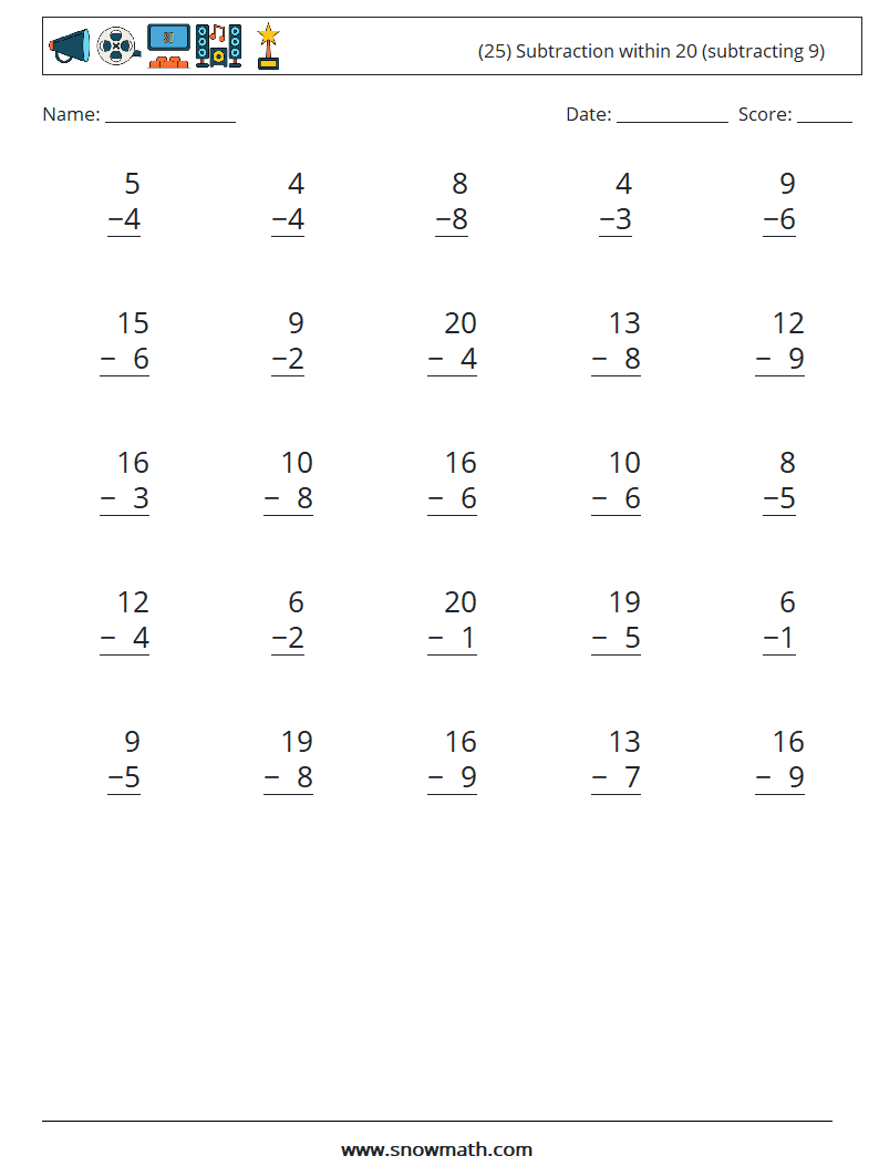 (25) Subtraction within 20 (subtracting 9) Maths Worksheets 17