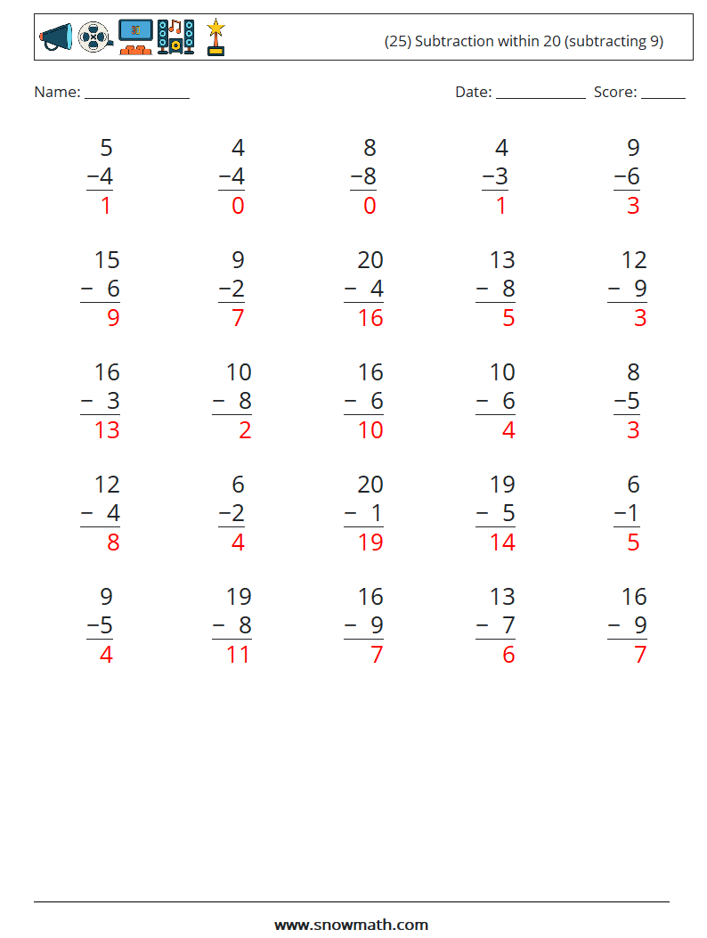 (25) Subtraction within 20 (subtracting 9) Math Worksheets 17 Question, Answer