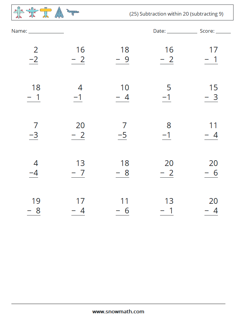 (25) Subtraction within 20 (subtracting 9) Math Worksheets 18