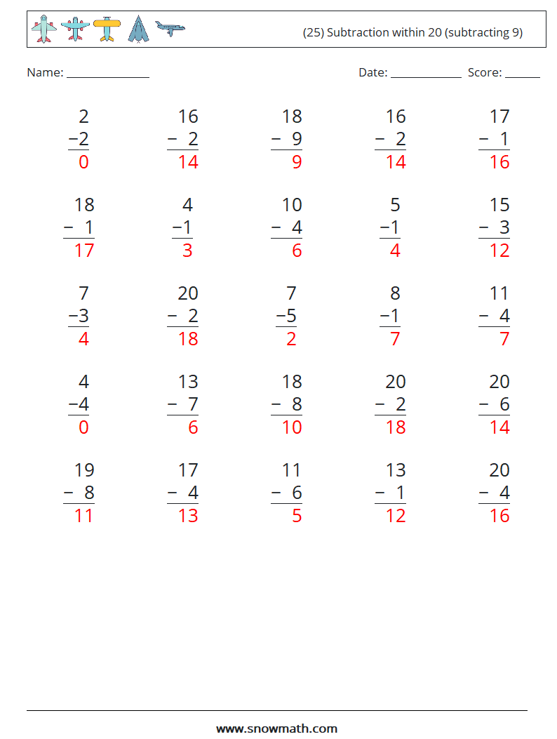 (25) Subtraction within 20 (subtracting 9) Math Worksheets 18 Question, Answer
