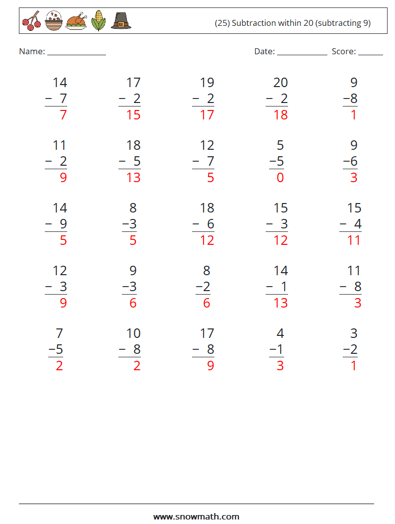 (25) Subtraction within 20 (subtracting 9) Math Worksheets 1 Question, Answer