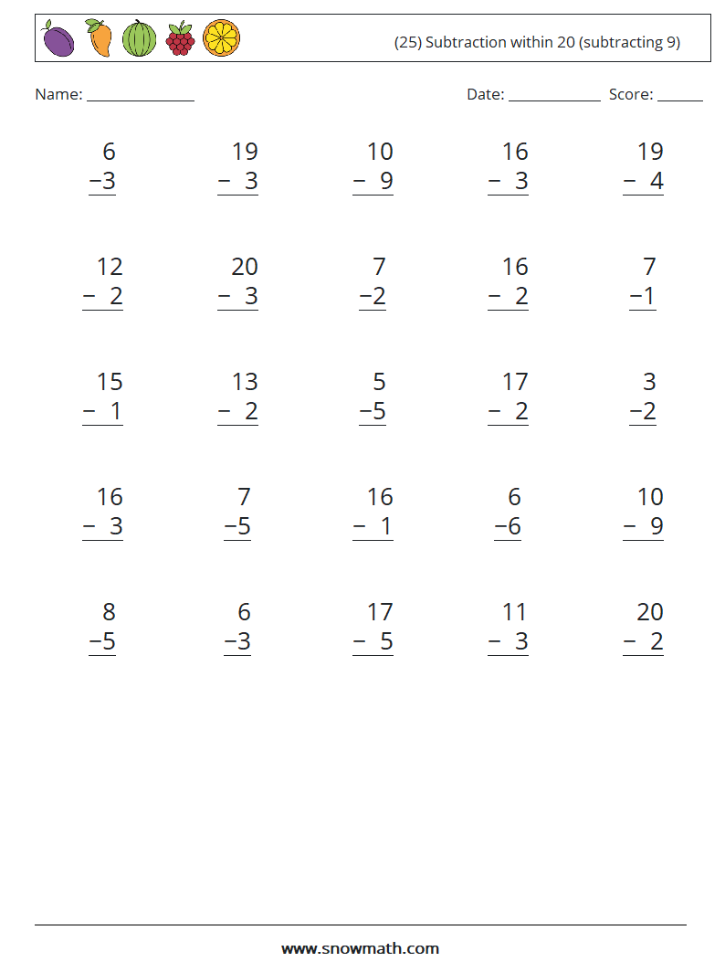 (25) Subtraction within 20 (subtracting 9) Math Worksheets 3