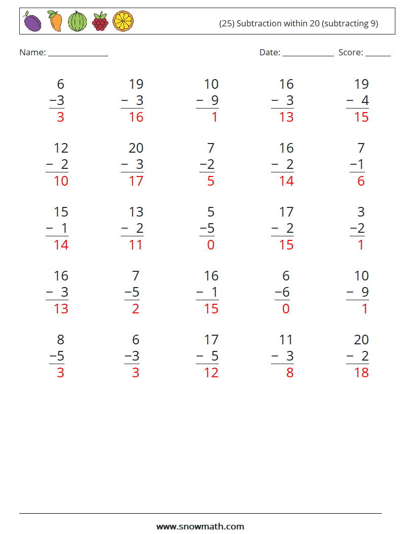 (25) Subtraction within 20 (subtracting 9) Math Worksheets 3 Question, Answer