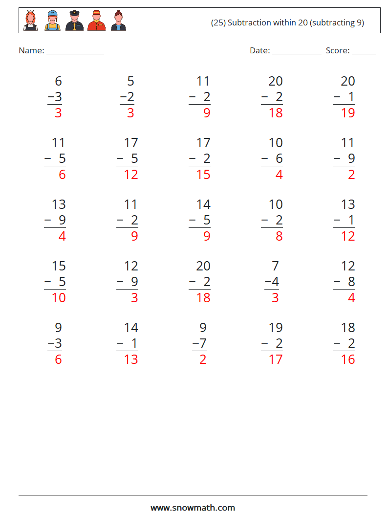 (25) Subtraction within 20 (subtracting 9) Math Worksheets 4 Question, Answer