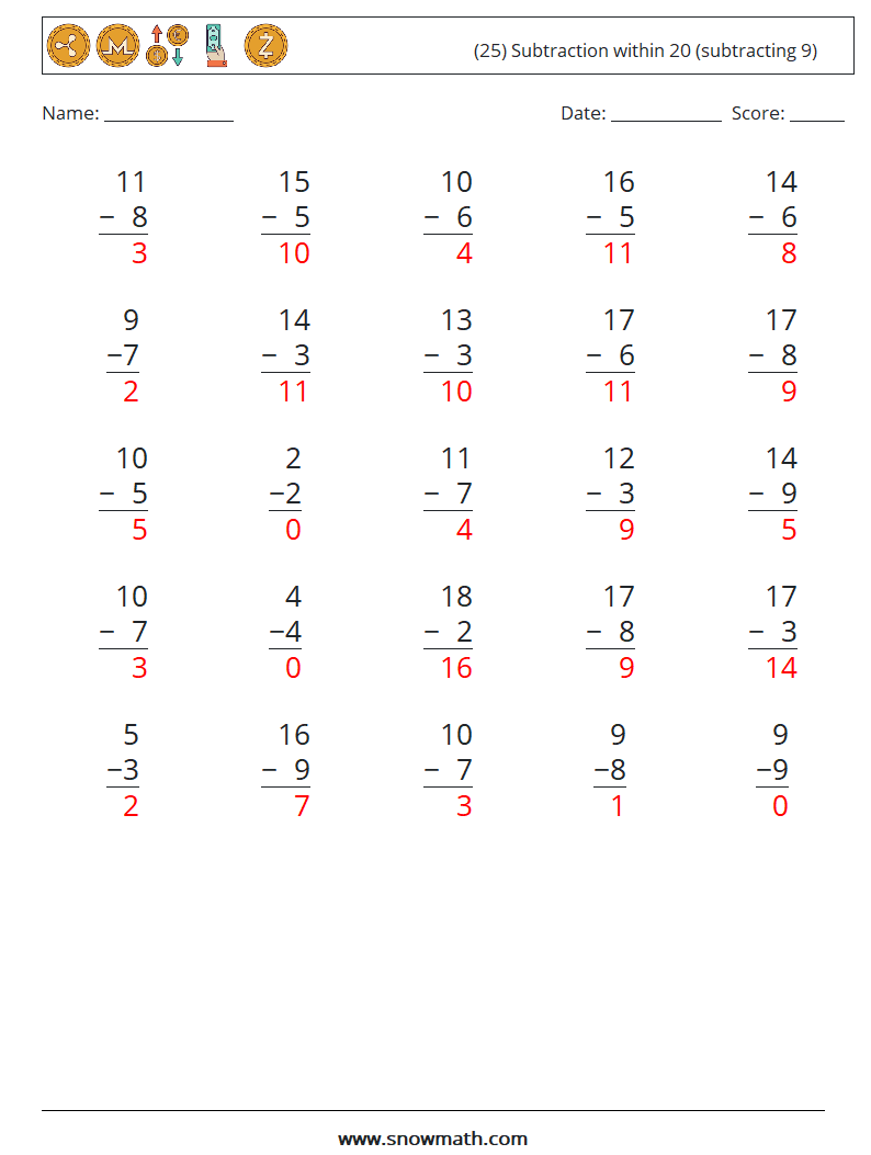 (25) Subtraction within 20 (subtracting 9) Math Worksheets 5 Question, Answer