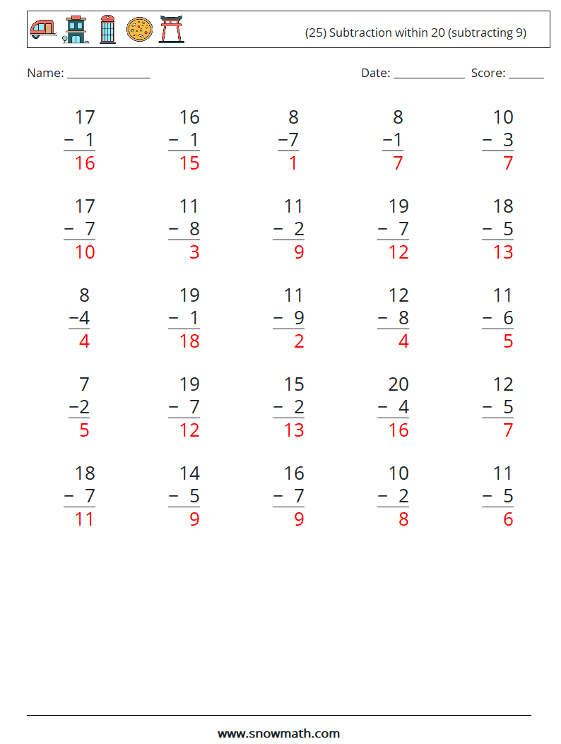 (25) Subtraction within 20 (subtracting 9) Math Worksheets 6 Question, Answer