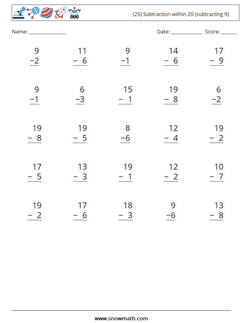 (25) Subtraction within 20 (subtracting 9) Maths Worksheets 7