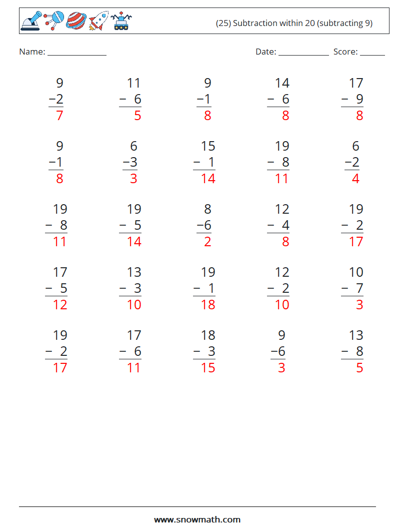 (25) Subtraction within 20 (subtracting 9) Math Worksheets 7 Question, Answer