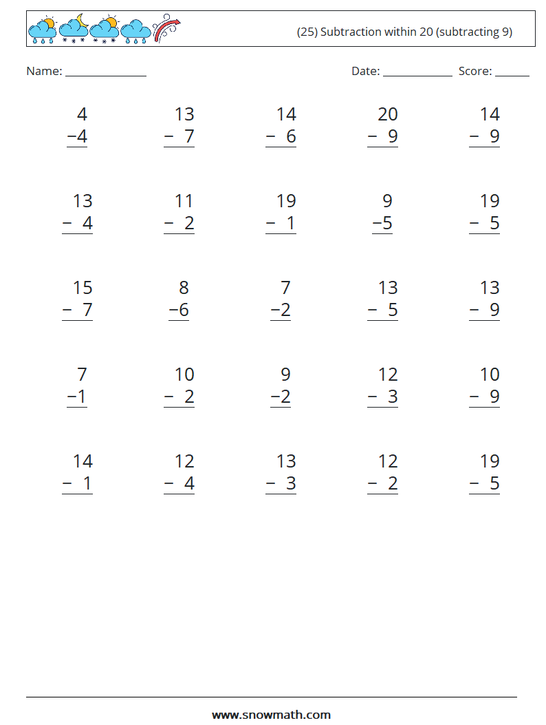 (25) Subtraction within 20 (subtracting 9) Math Worksheets 8