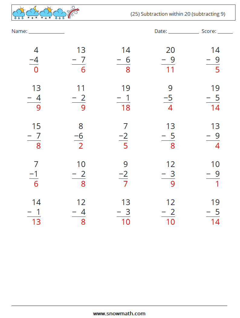 (25) Subtraction within 20 (subtracting 9) Math Worksheets 8 Question, Answer