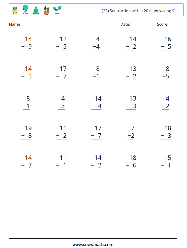 (25) Subtraction within 20 (subtracting 9) Math Worksheets 9