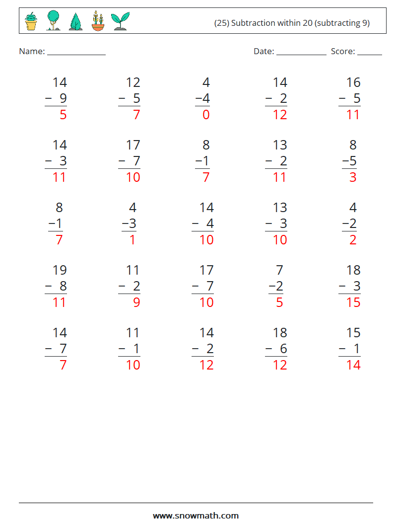 (25) Subtraction within 20 (subtracting 9) Math Worksheets 9 Question, Answer