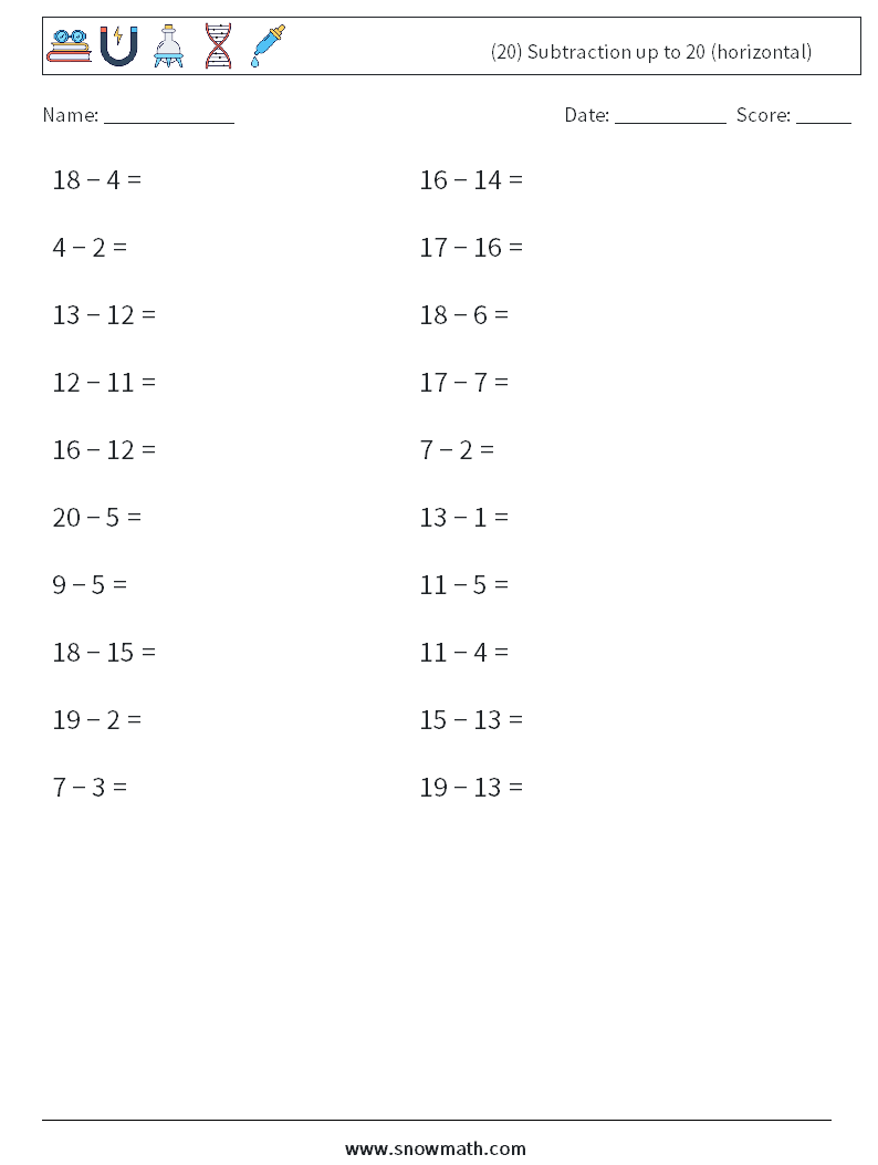 (20) Subtraction up to 20 (horizontal)
