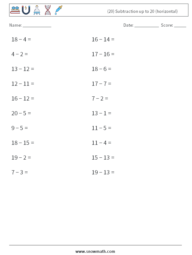 (20) Subtraction up to 20 (horizontal) Maths Worksheets 1