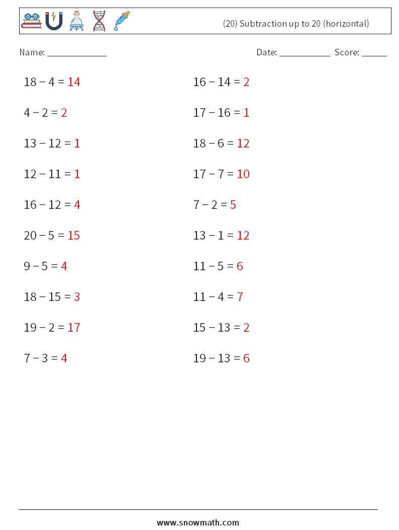 (20) Subtraction up to 20 (horizontal) Math Worksheets 1 Question, Answer