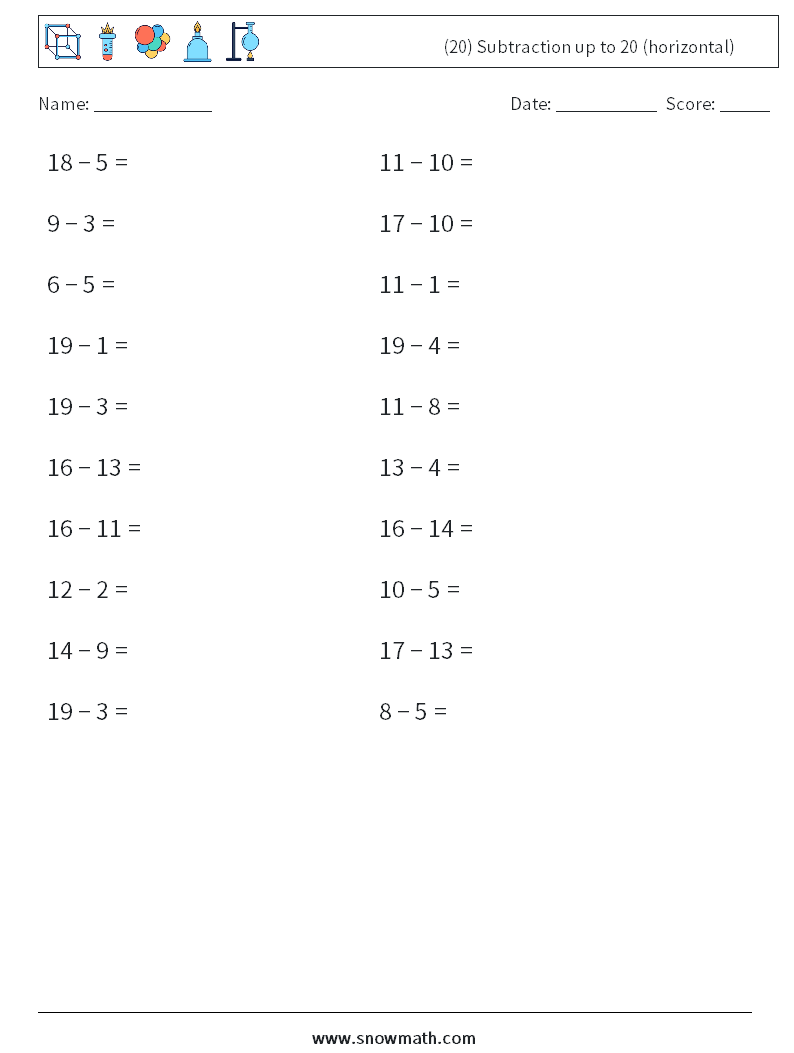 (20) Subtraction up to 20 (horizontal) Maths Worksheets 2