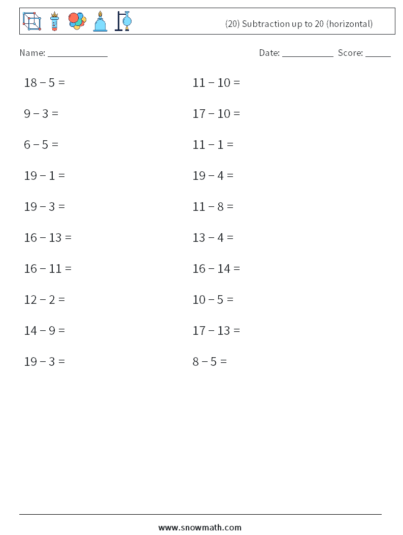 (20) Subtraction up to 20 (horizontal) Math Worksheets 2