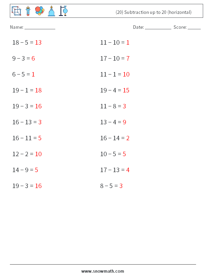 (20) Subtraction up to 20 (horizontal) Math Worksheets 2 Question, Answer