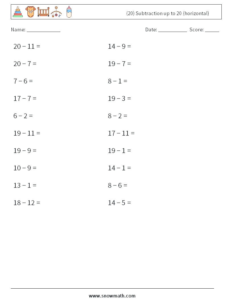 (20) Subtraction up to 20 (horizontal) Math Worksheets 3
