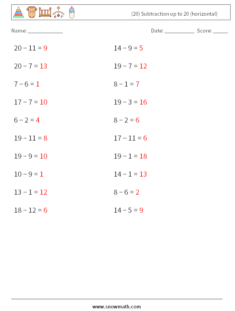 (20) Subtraction up to 20 (horizontal) Math Worksheets 3 Question, Answer