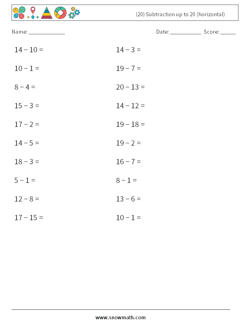 (20) Subtraction up to 20 (horizontal) Math Worksheets 4