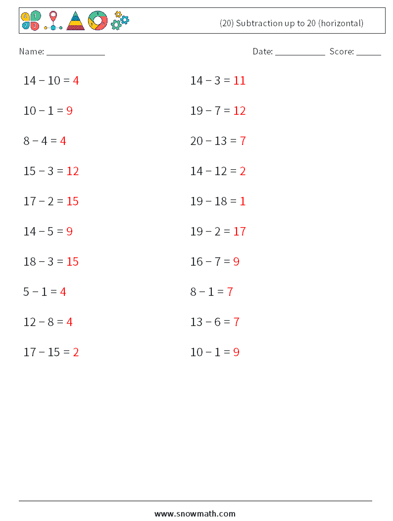 (20) Subtraction up to 20 (horizontal) Math Worksheets 4 Question, Answer