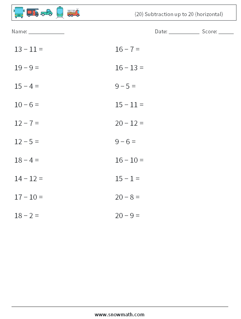 (20) Subtraction up to 20 (horizontal) Math Worksheets 5