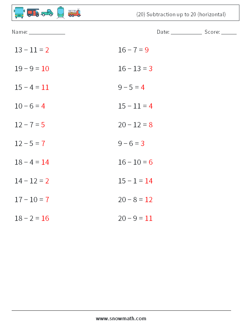 (20) Subtraction up to 20 (horizontal) Math Worksheets 5 Question, Answer