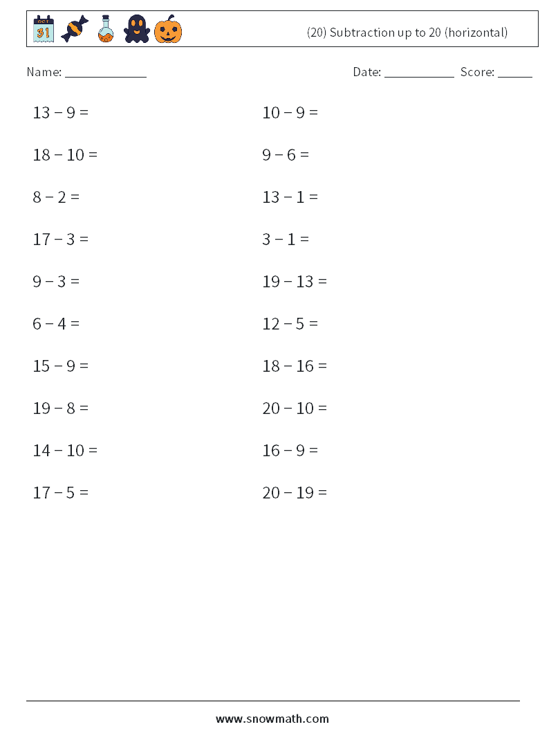 (20) Subtraction up to 20 (horizontal) Math Worksheets 6