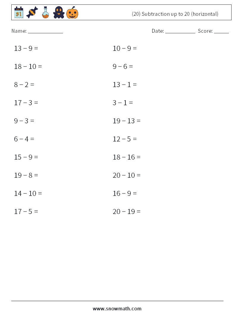 (20) Subtraction up to 20 (horizontal) Maths Worksheets 6