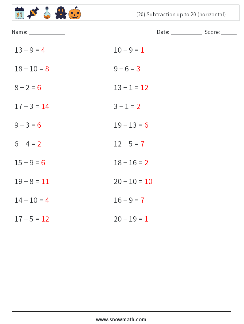 (20) Subtraction up to 20 (horizontal) Math Worksheets 6 Question, Answer