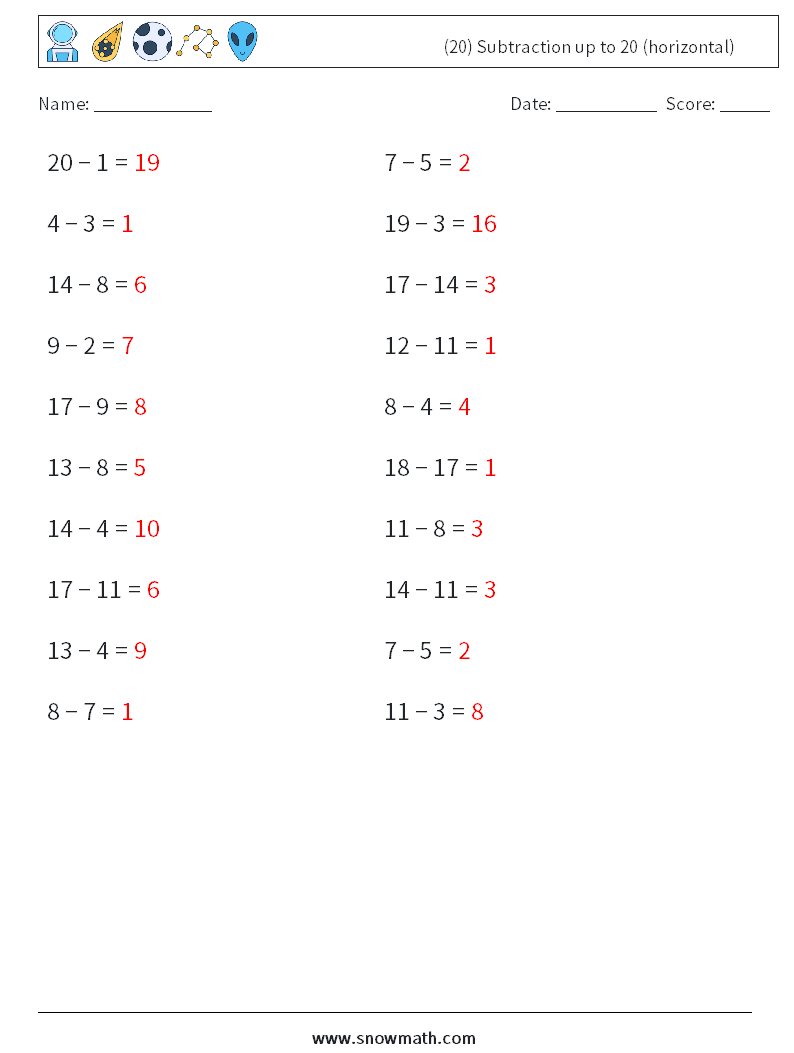 (20) Subtraction up to 20 (horizontal) Math Worksheets 7 Question, Answer