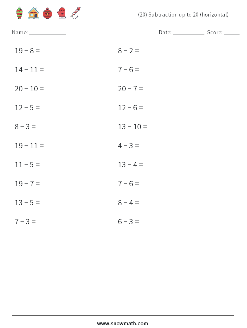 (20) Subtraction up to 20 (horizontal) Math Worksheets 8