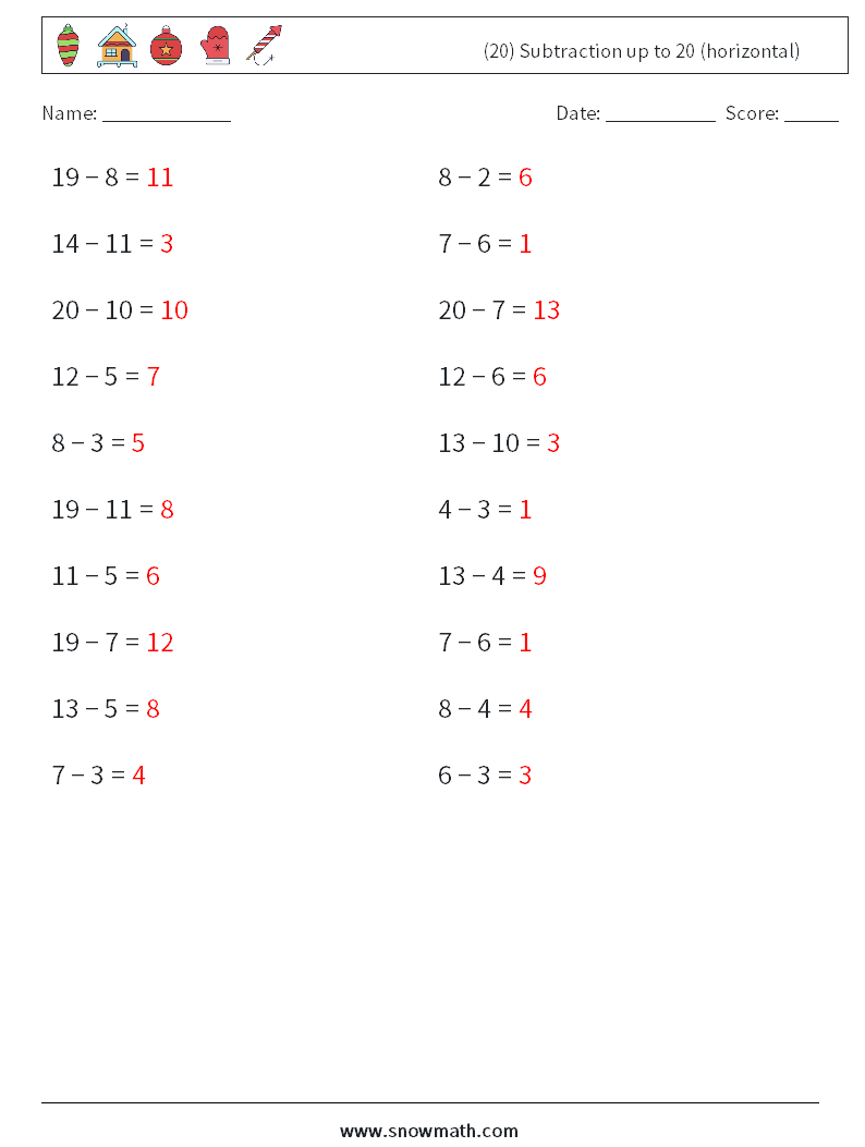 (20) Subtraction up to 20 (horizontal) Math Worksheets 8 Question, Answer