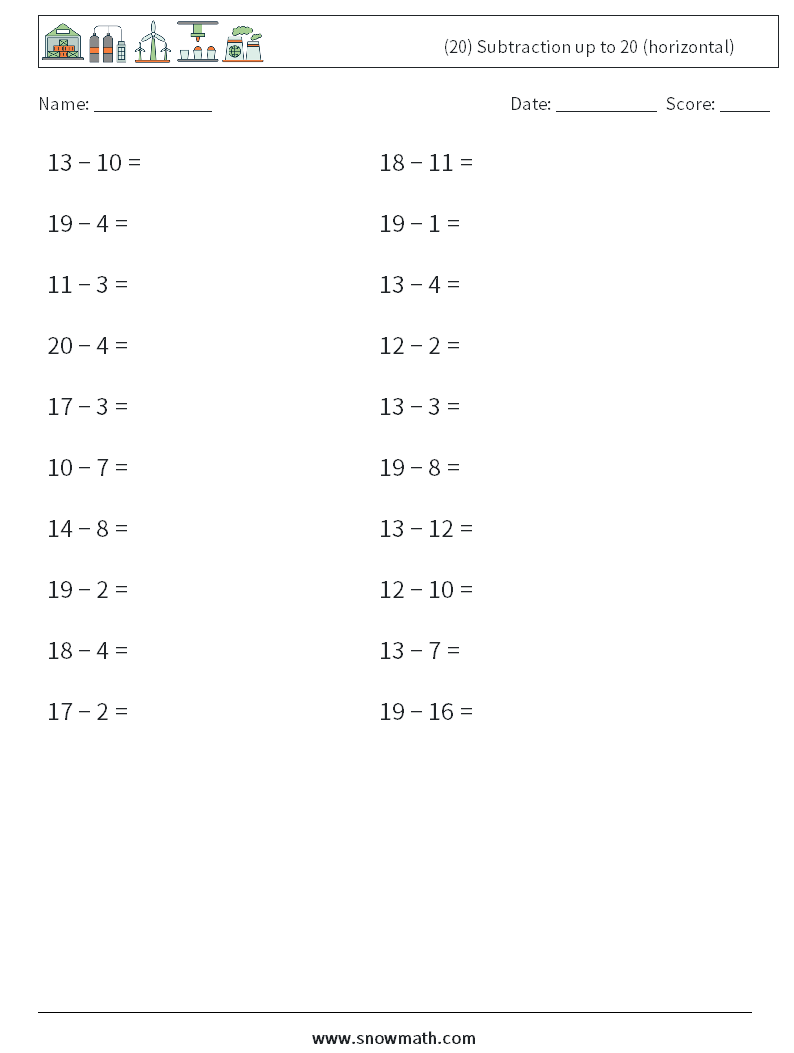 (20) Subtraction up to 20 (horizontal) Math Worksheets 9