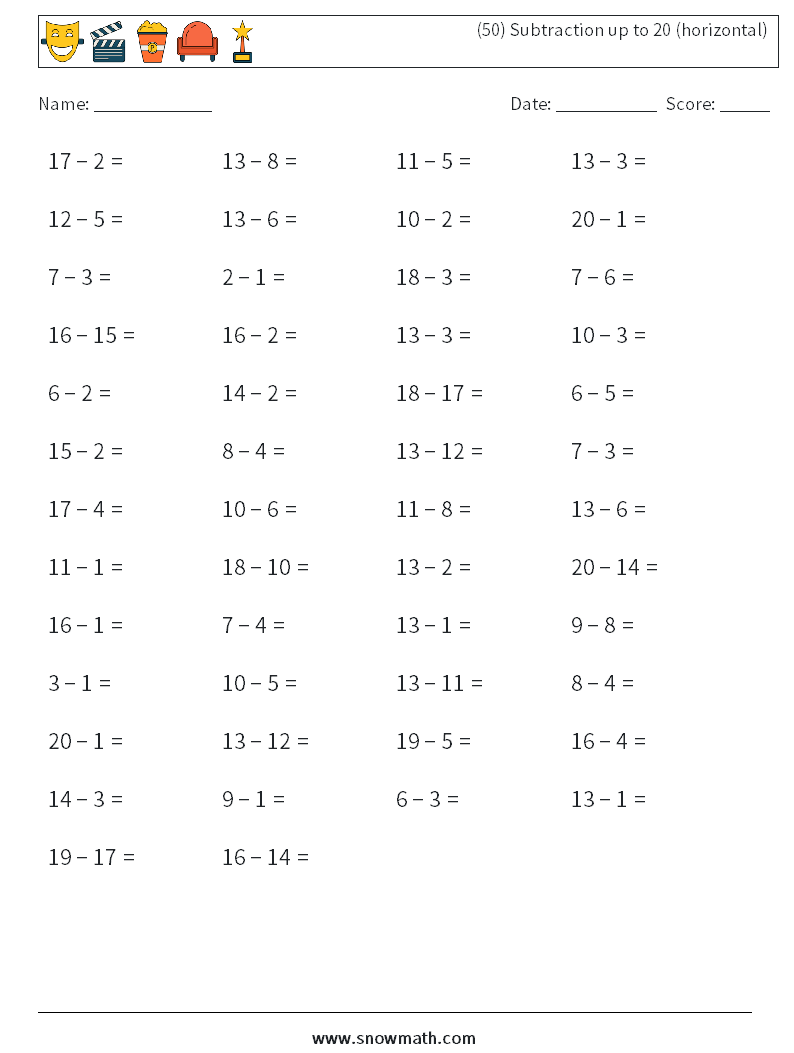 (50) Subtraction up to 20 (horizontal) Maths Worksheets 1