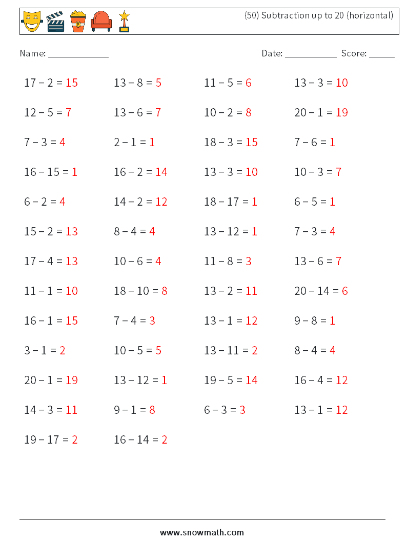 (50) Subtraction up to 20 (horizontal) Math Worksheets 1 Question, Answer