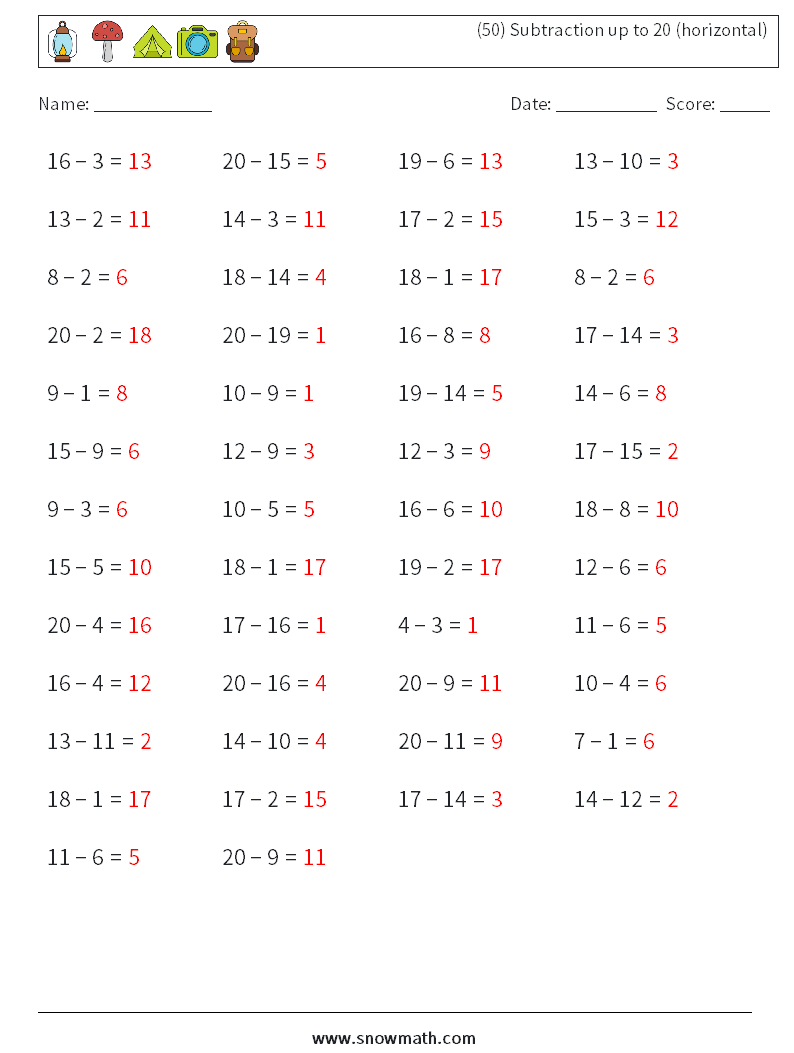 (50) Subtraction up to 20 (horizontal) Math Worksheets 2 Question, Answer