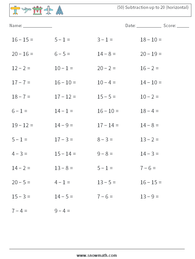 (50) Subtraction up to 20 (horizontal) Maths Worksheets 3