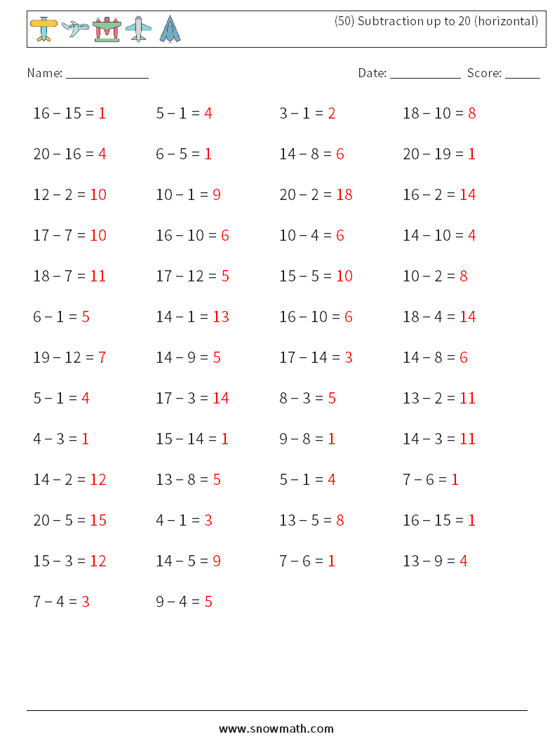 (50) Subtraction up to 20 (horizontal) Math Worksheets 3 Question, Answer