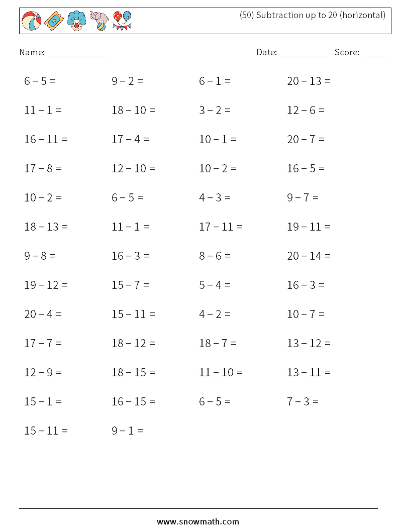 (50) Subtraction up to 20 (horizontal) Math Worksheets 4